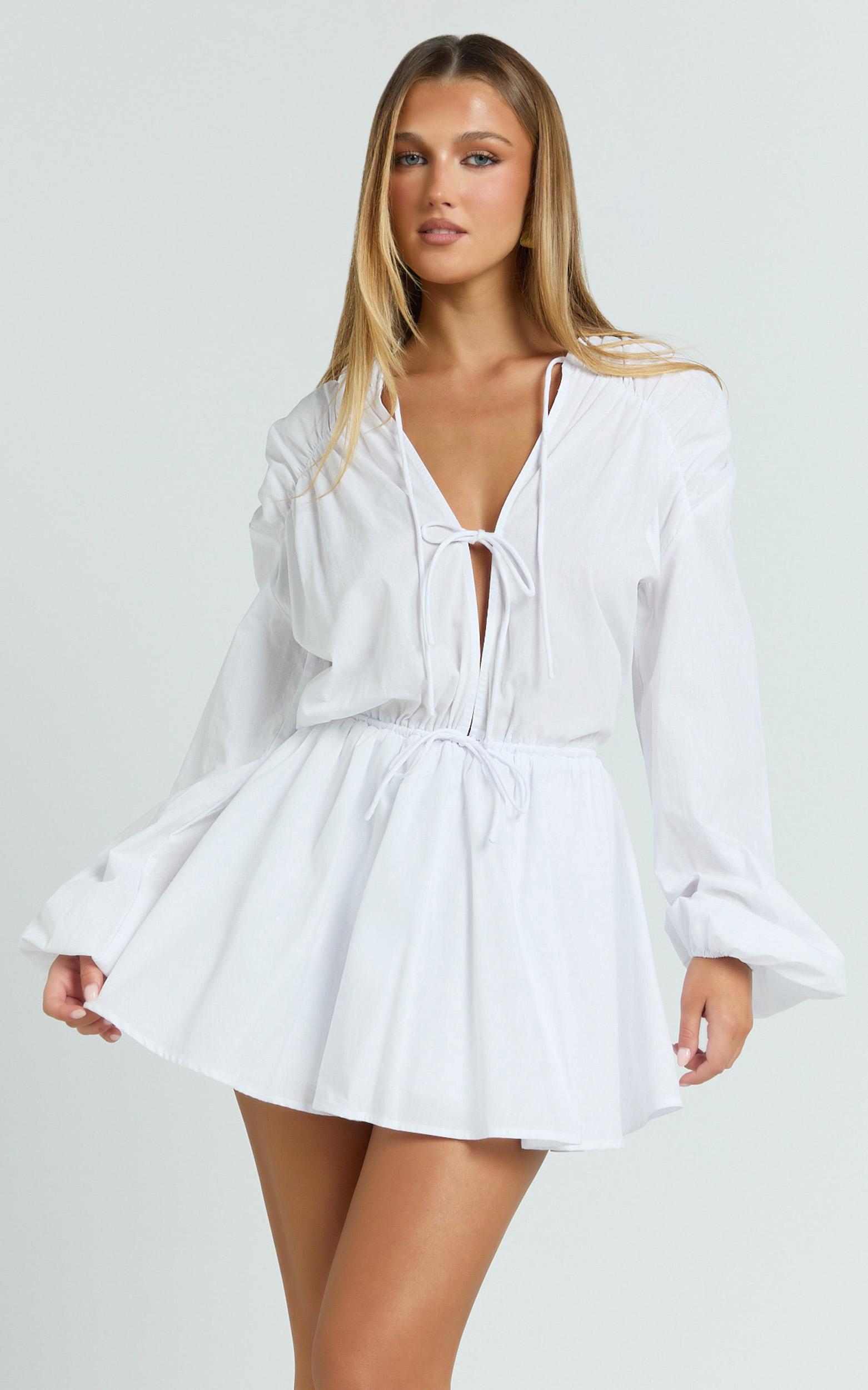felix mini dress - front tie bishop sleeve dress in white