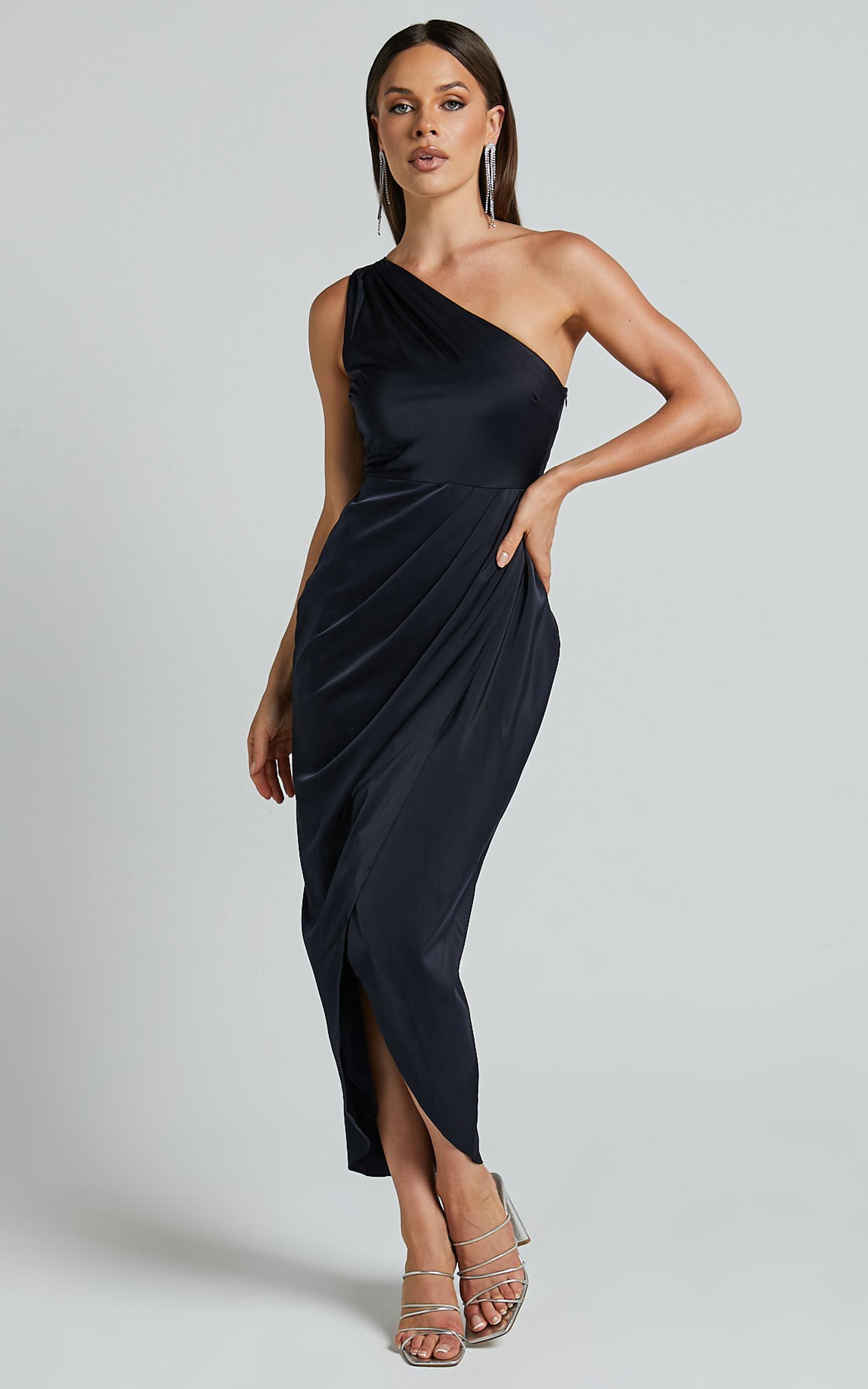felt so happy midi dress - one shoulder drape dress in navy