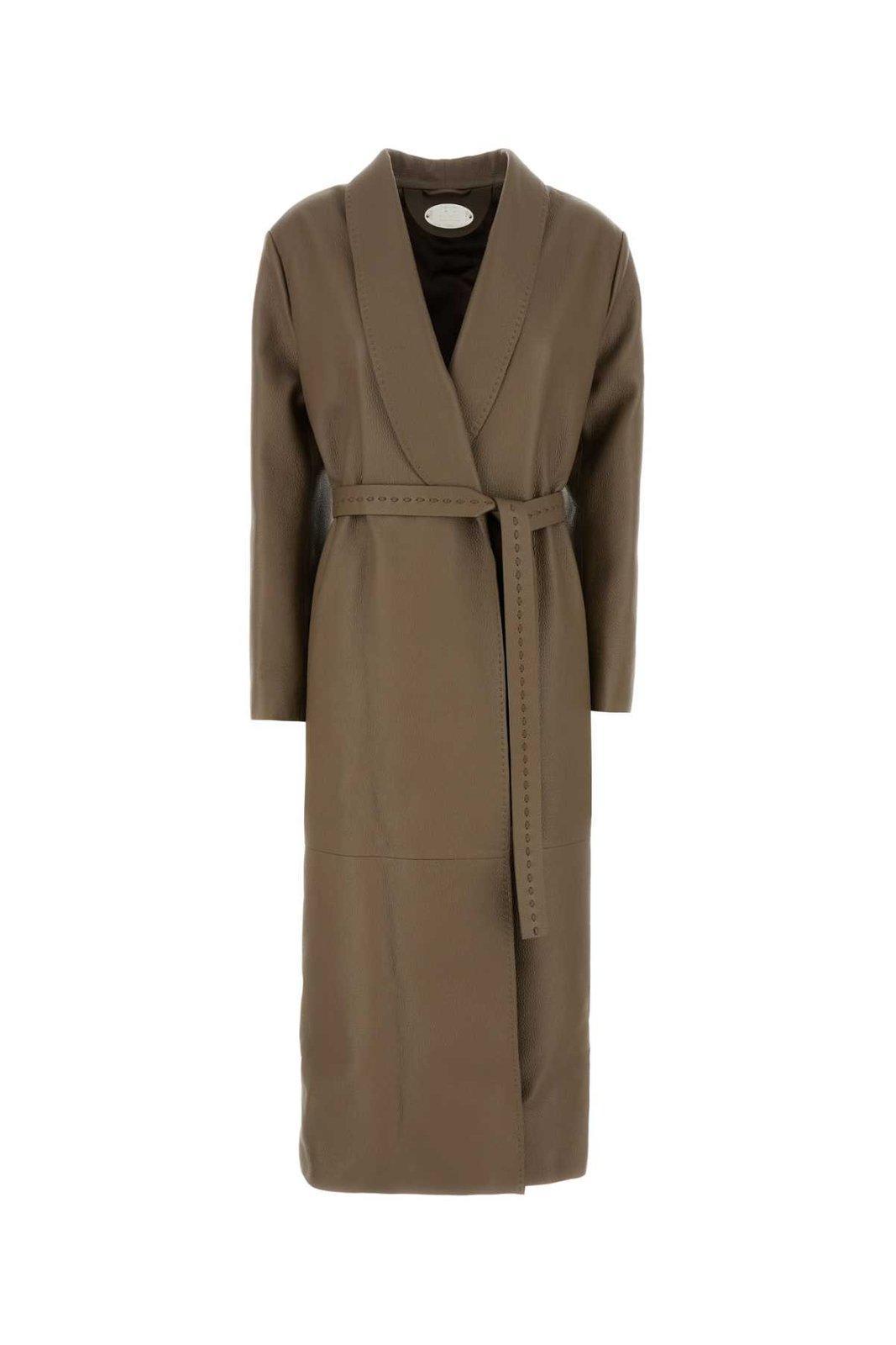fendi belted waist leather coat