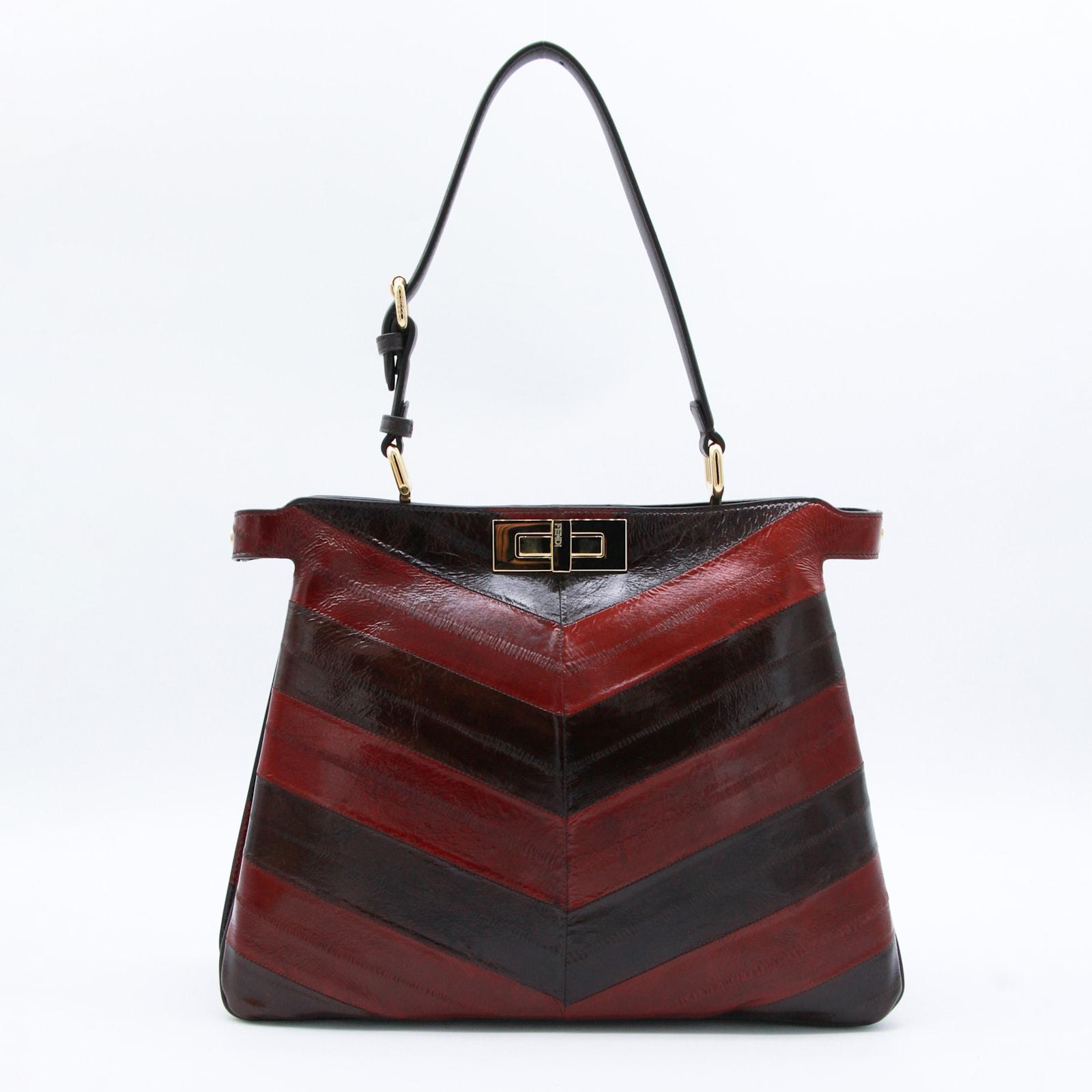 fendi brown and red leather pekaboo top handle bag