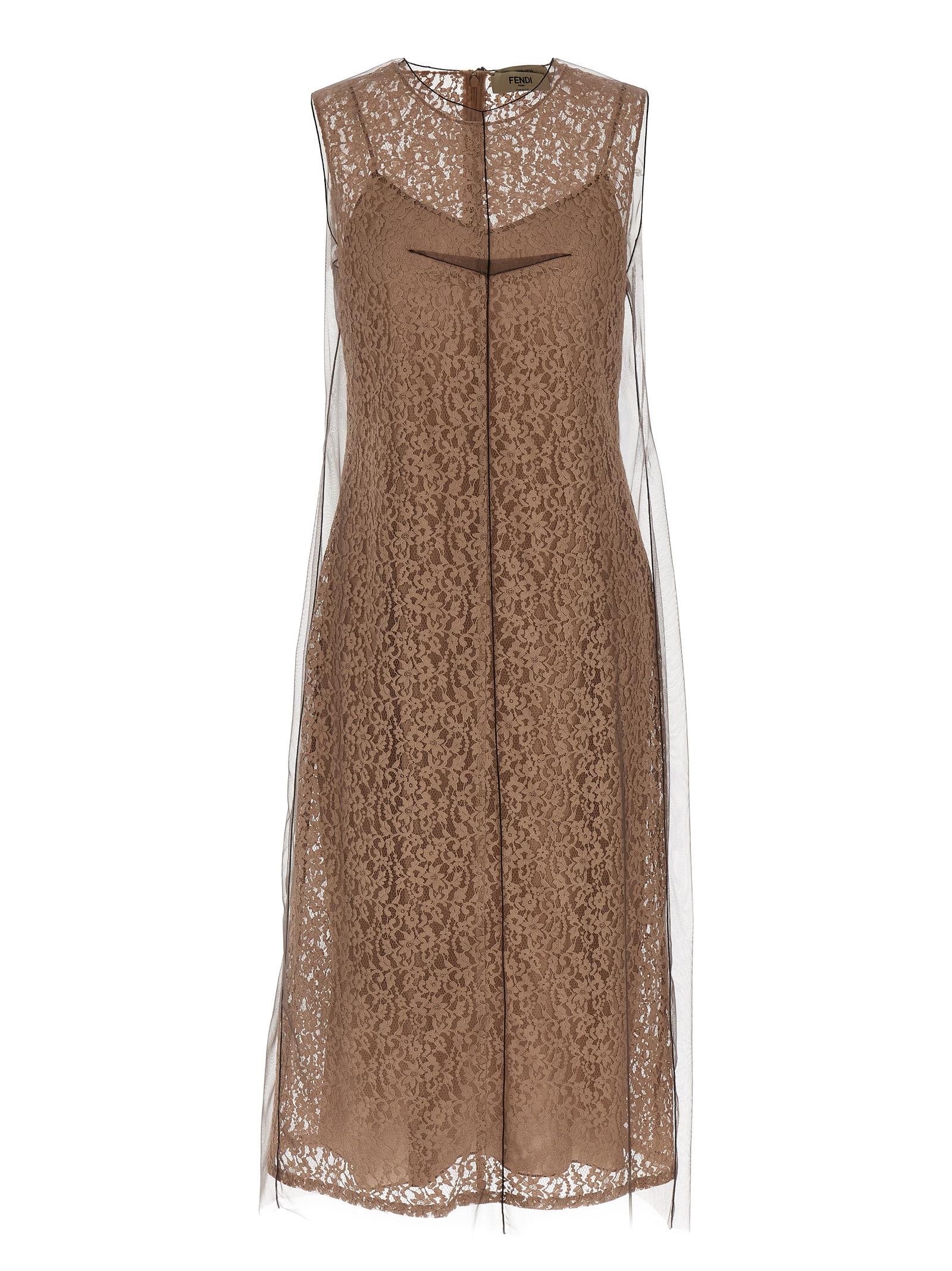 fendi floral lace dress beige cotton - women