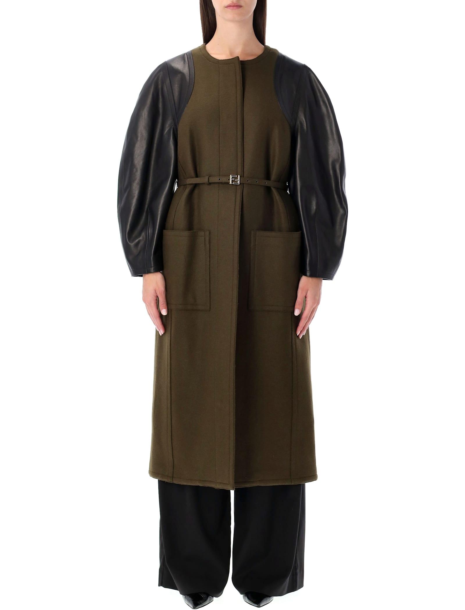 fendi green wool midi coat with leather sleeves