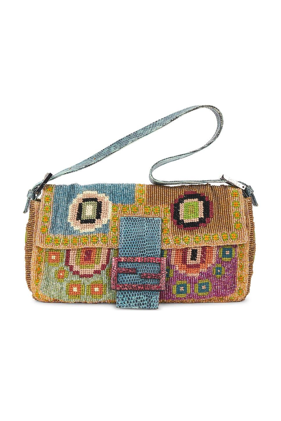 fendi lizard trimmed beaded baguette shoulder bag