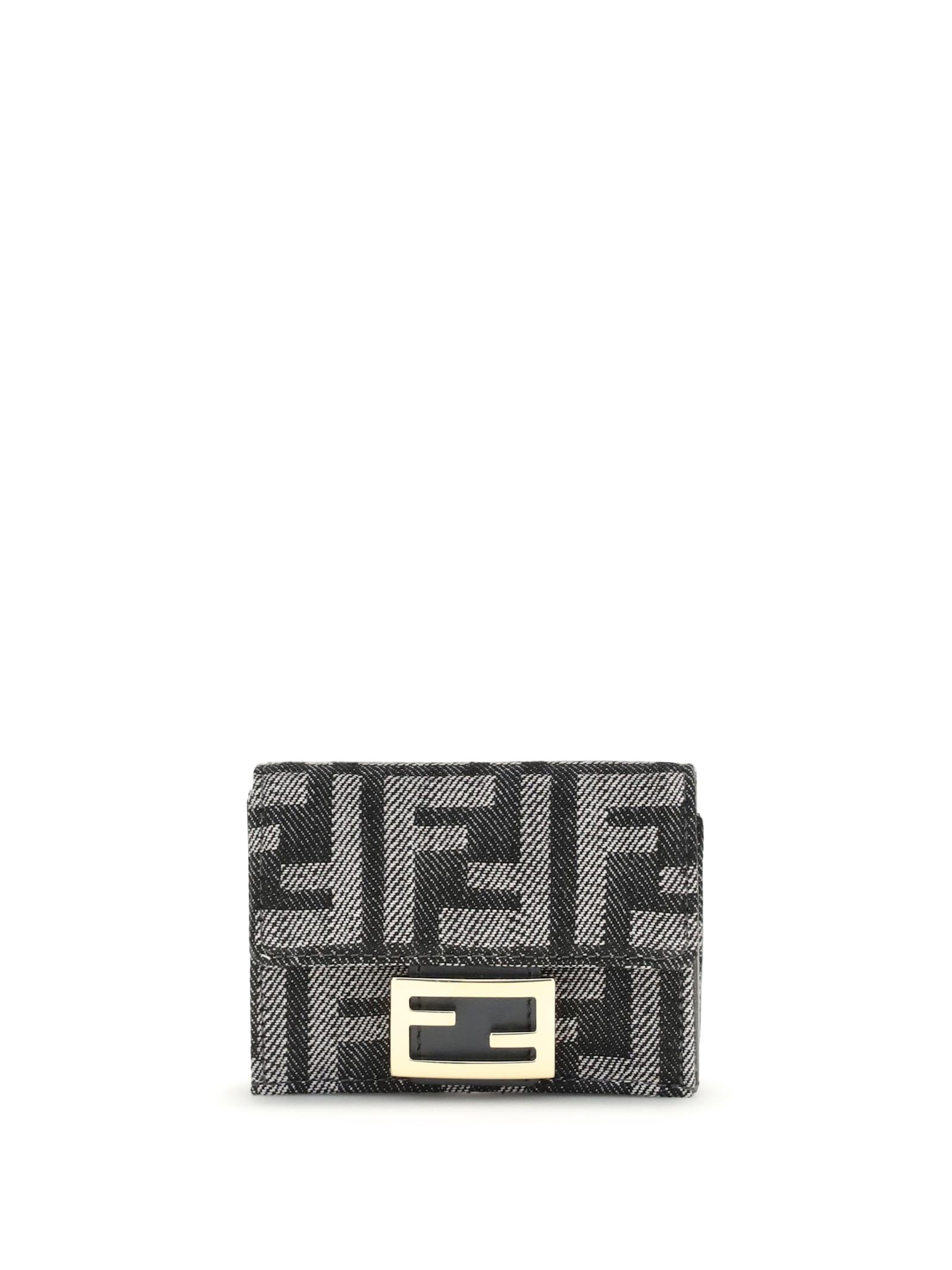 fendi micro baguette wallet in embroidered denim