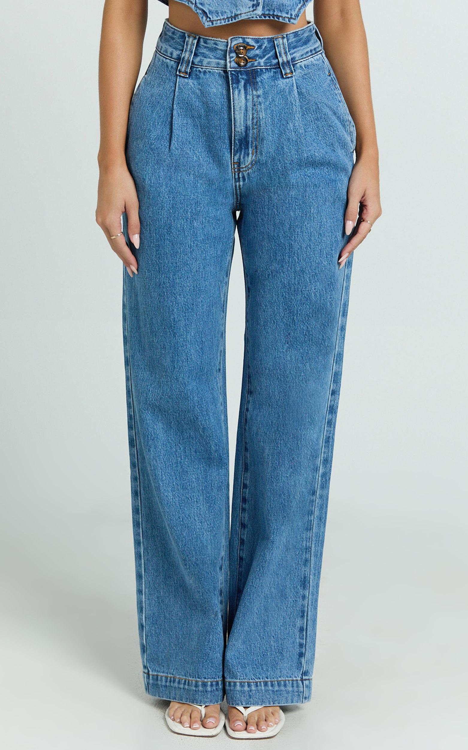fergie jeans - denim high waisted straight leg denim jeans in mid blue wash