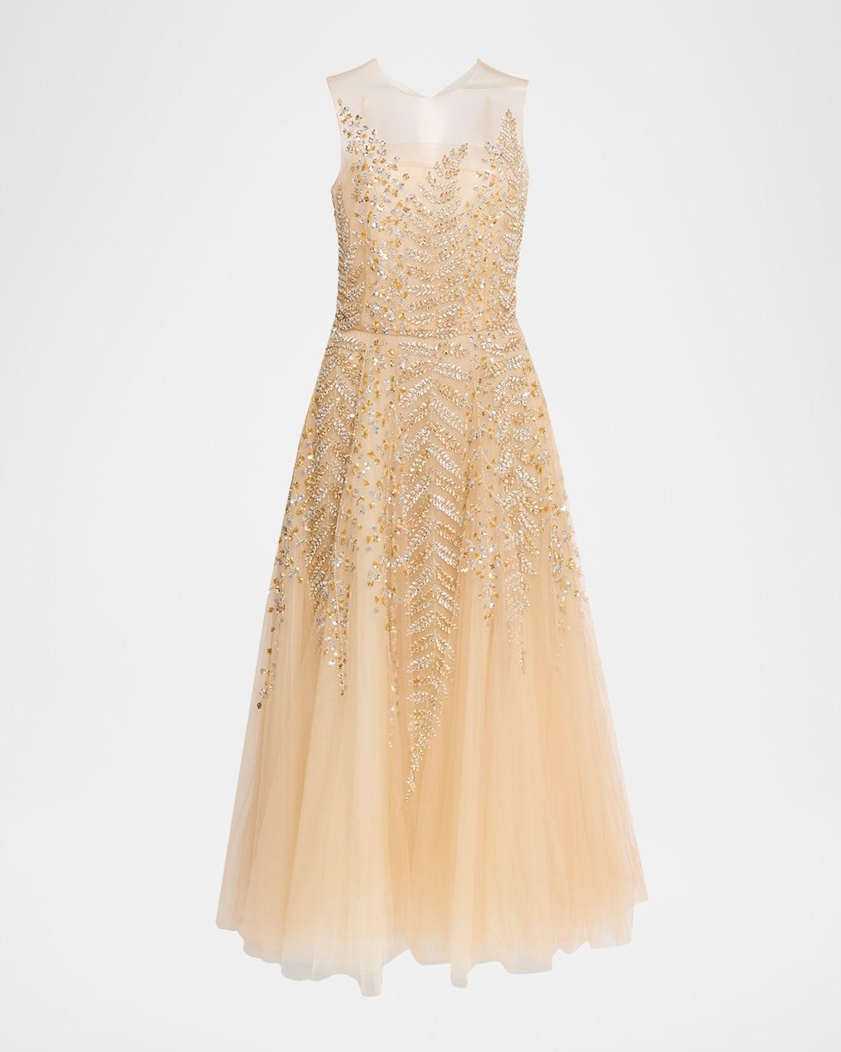 fern embroidered sleeveless midi illusion dress