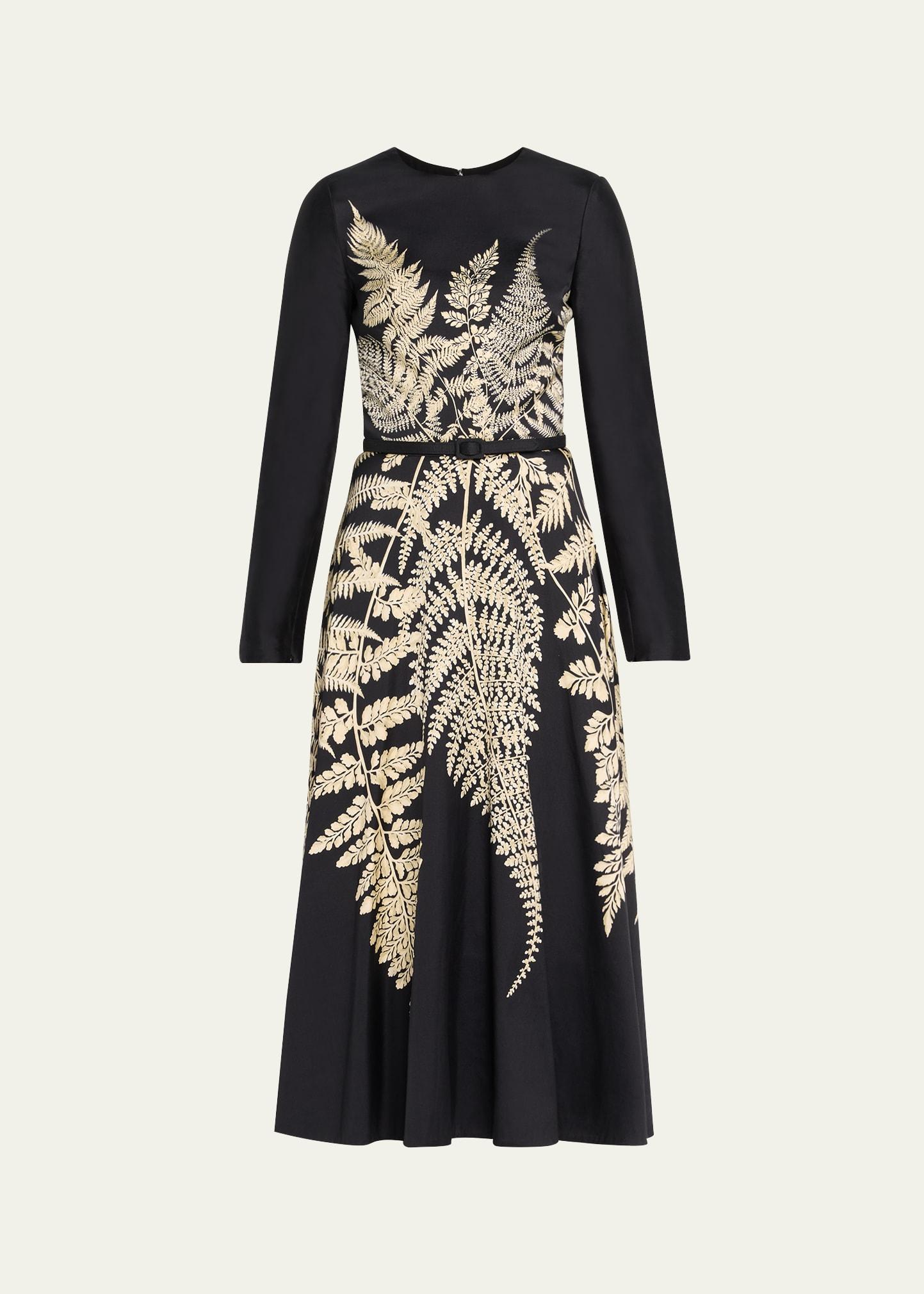 fern-print long-sleeve midi dress