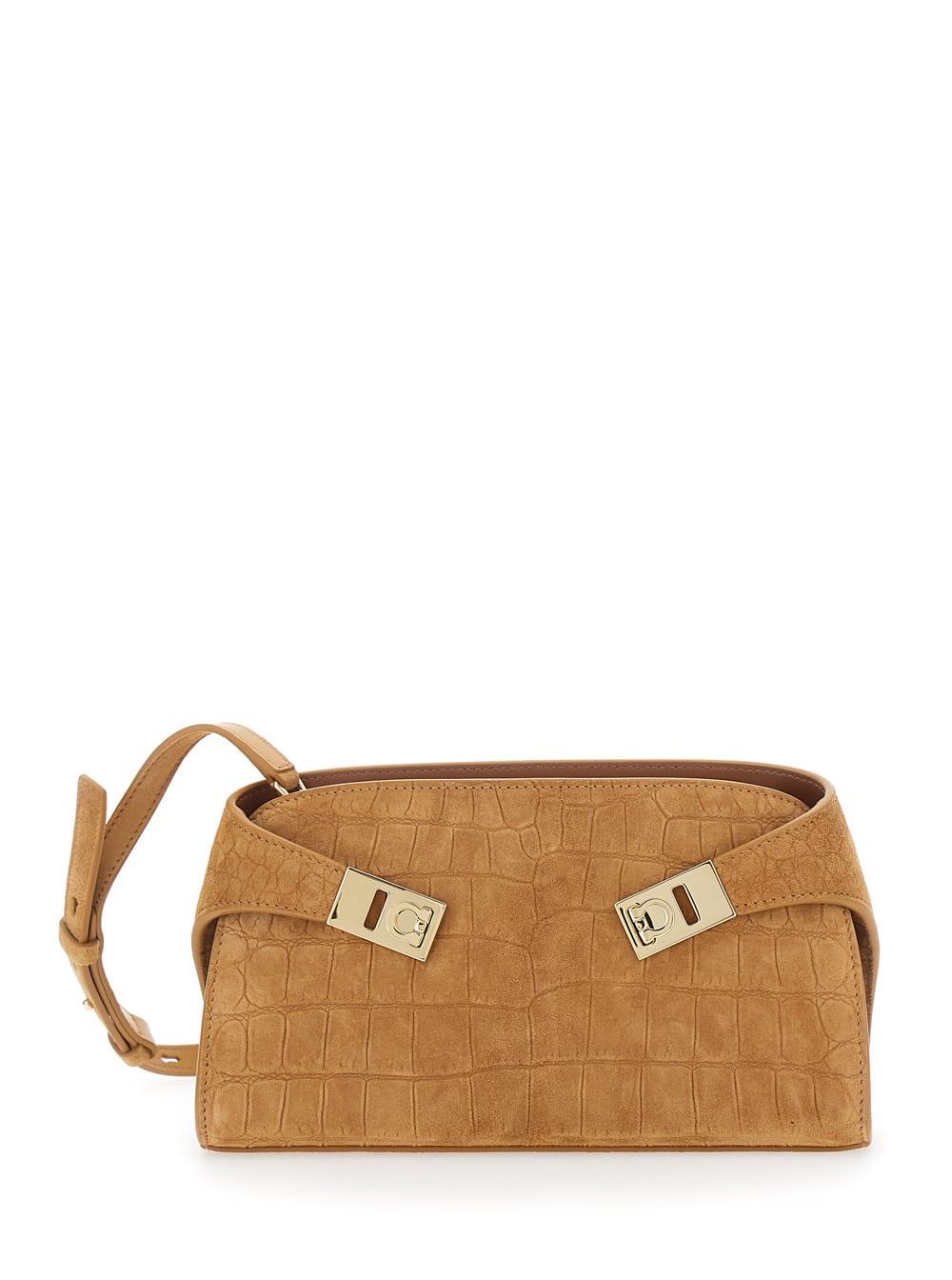 ferragamo beige crossbody bag hug with gancini buckle in suede women