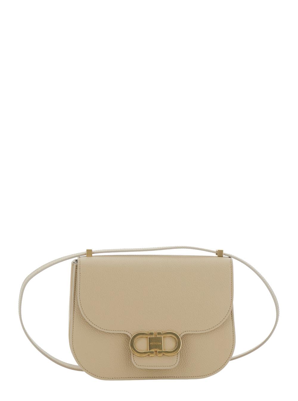 ferragamo beige crossbody bag with gancini metallic detail on front in grained leather for women