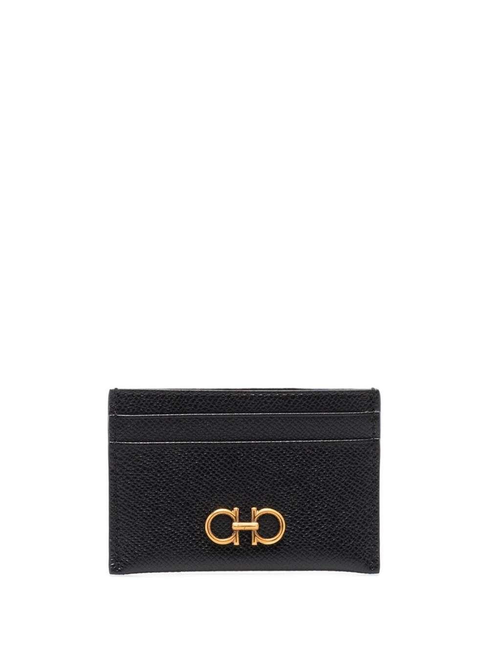 ferragamo black card-holder with gancini detail in hammered leather woman