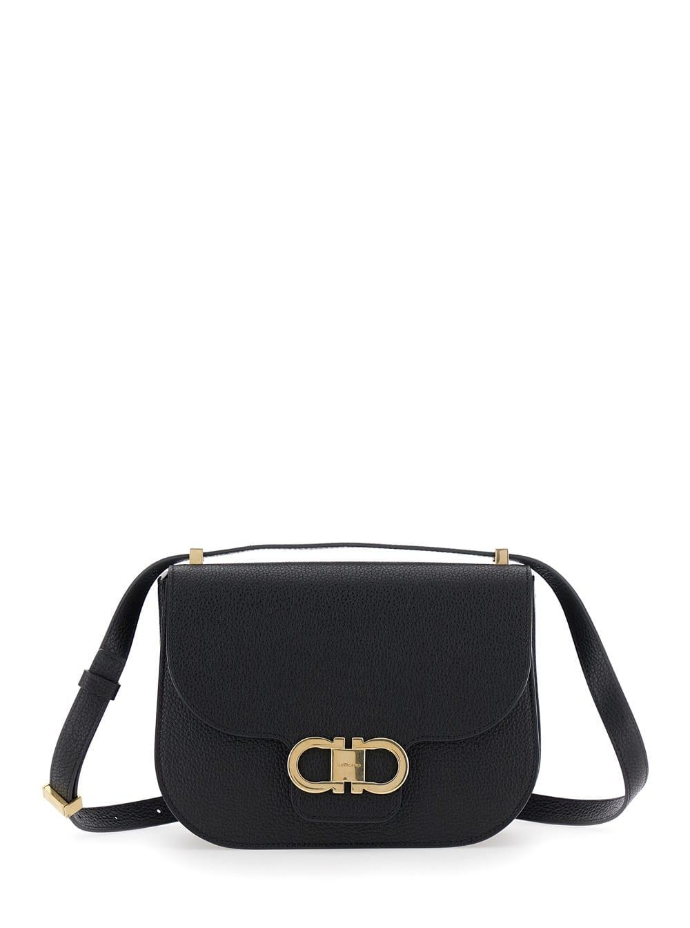 ferragamo black crossbody bag with double gancini plaque on the front in grained leather woman