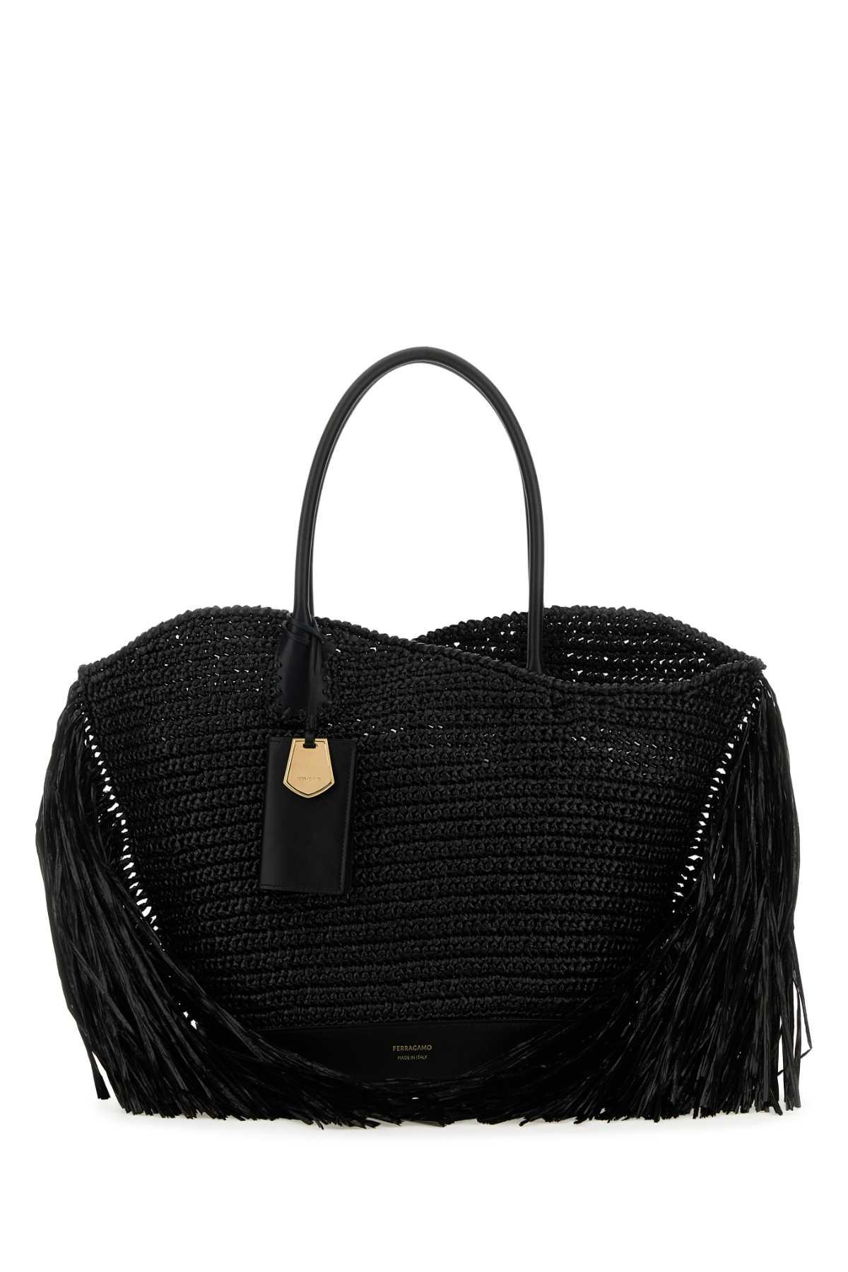 ferragamo black raffia and leather big shopping bag