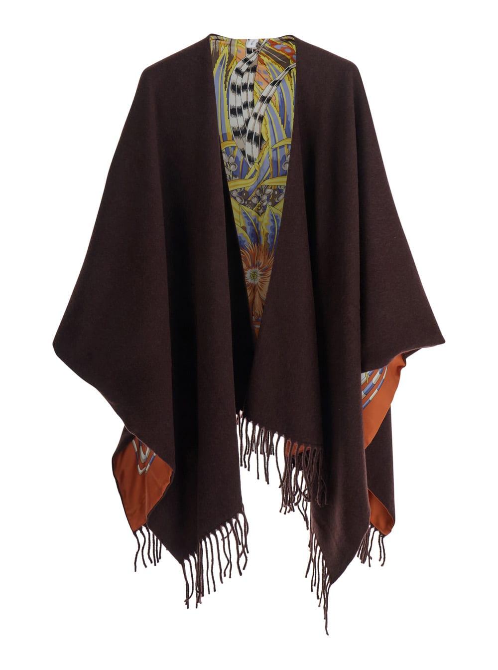 ferragamo brown cape with fringed hem in cashmere and wool for women