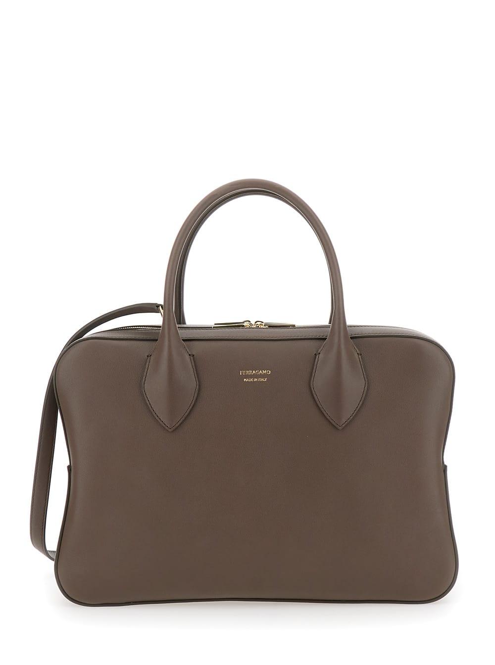ferragamo brown handbag with three zips and logo printed on the front in leather woman