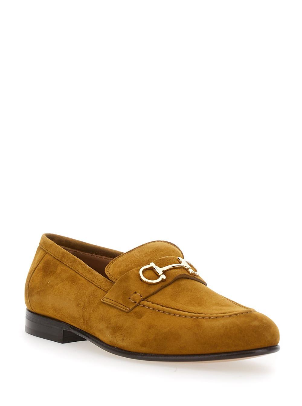 ferragamo brown loafers with almond toe and gancini detail on the front in suede woman