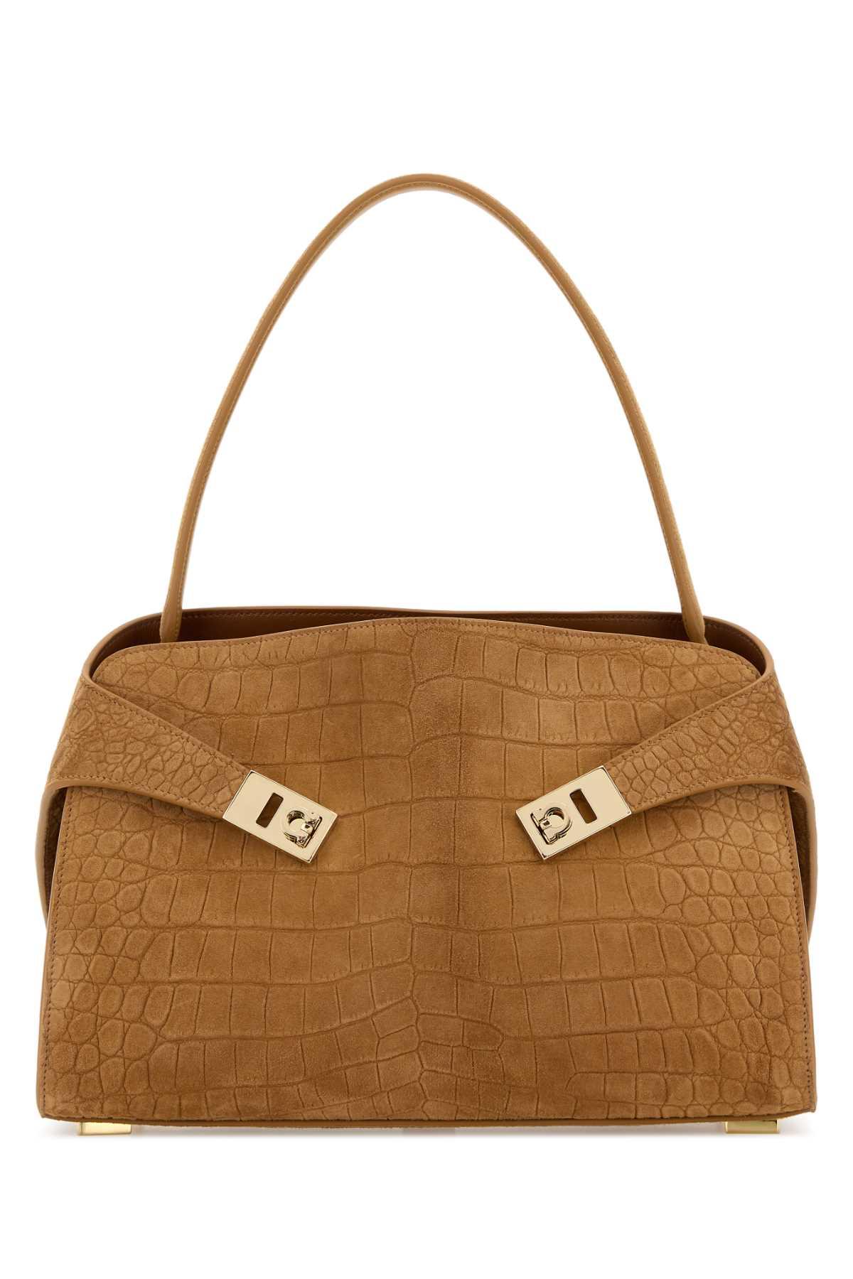 ferragamo camel suede medium hug soft shoulder bag