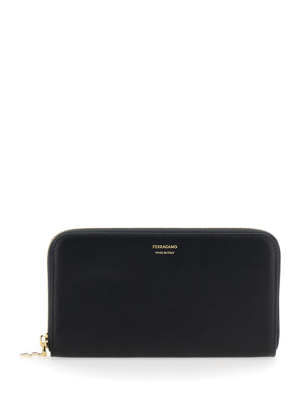 ferragamo continental black wallet with logo lettering on the front in leather woman