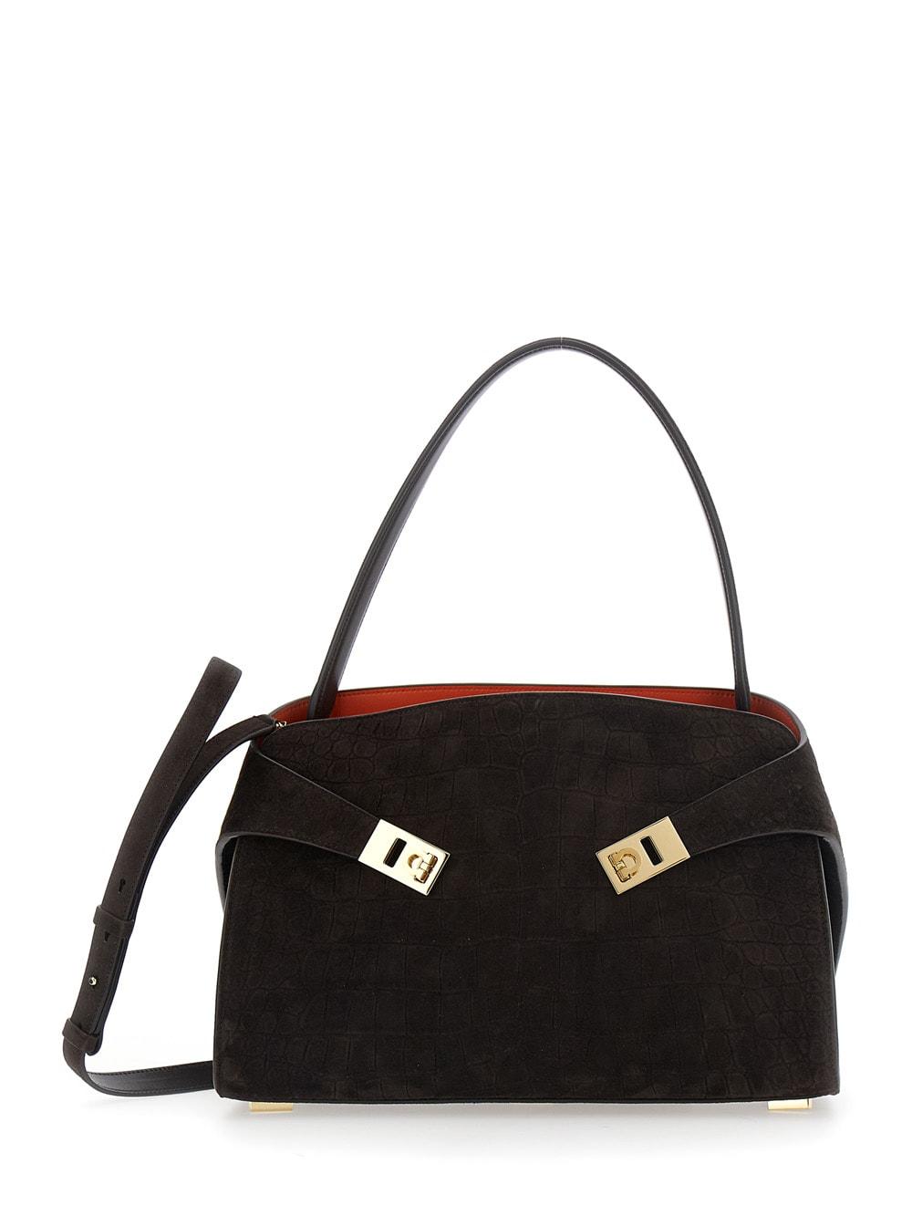 ferragamo crossbody bag hug croco with adjustable strap and crocodile-embossed leather effect in brown suede for women