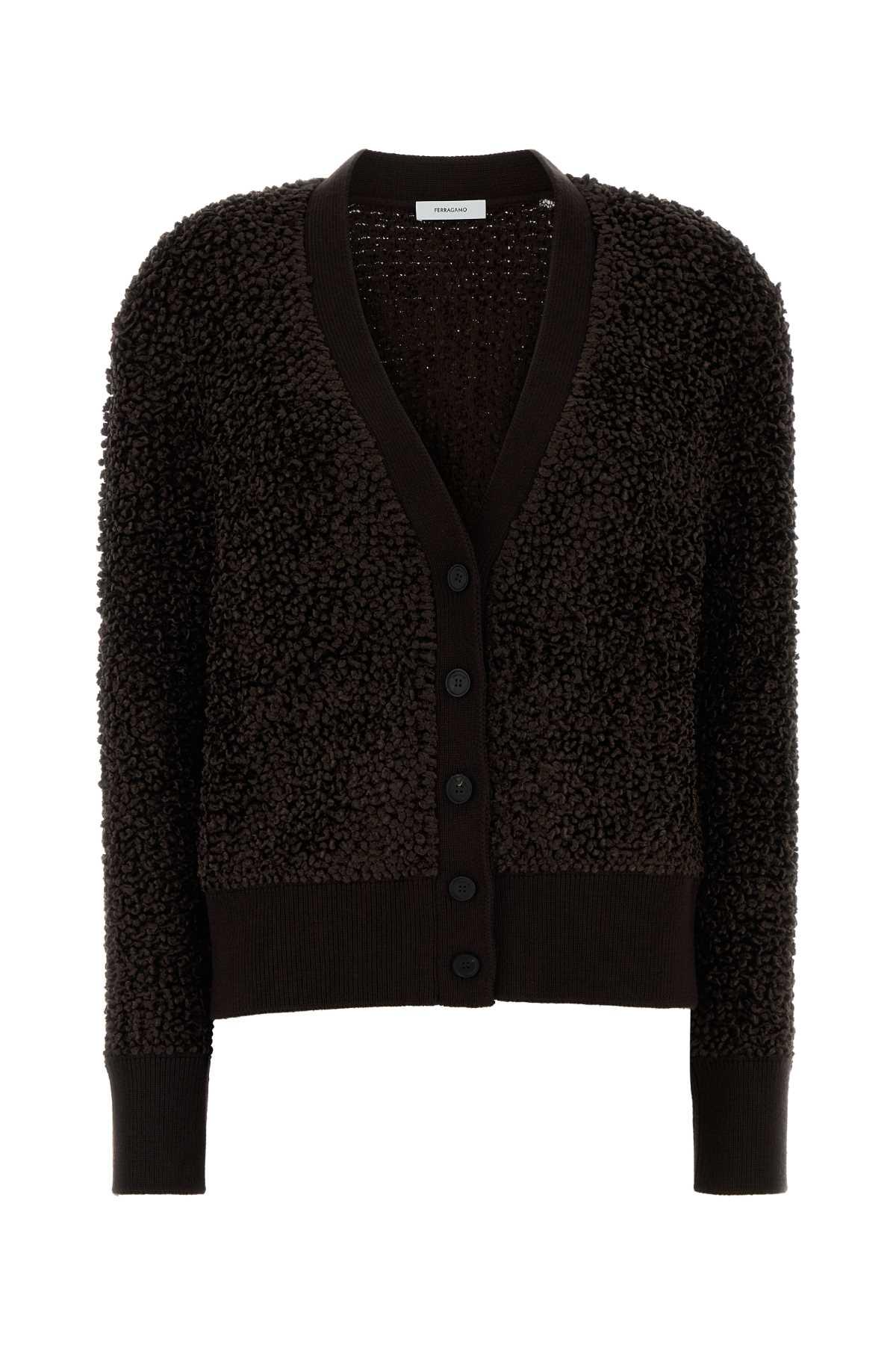 ferragamo dark brown boucle cardigan
