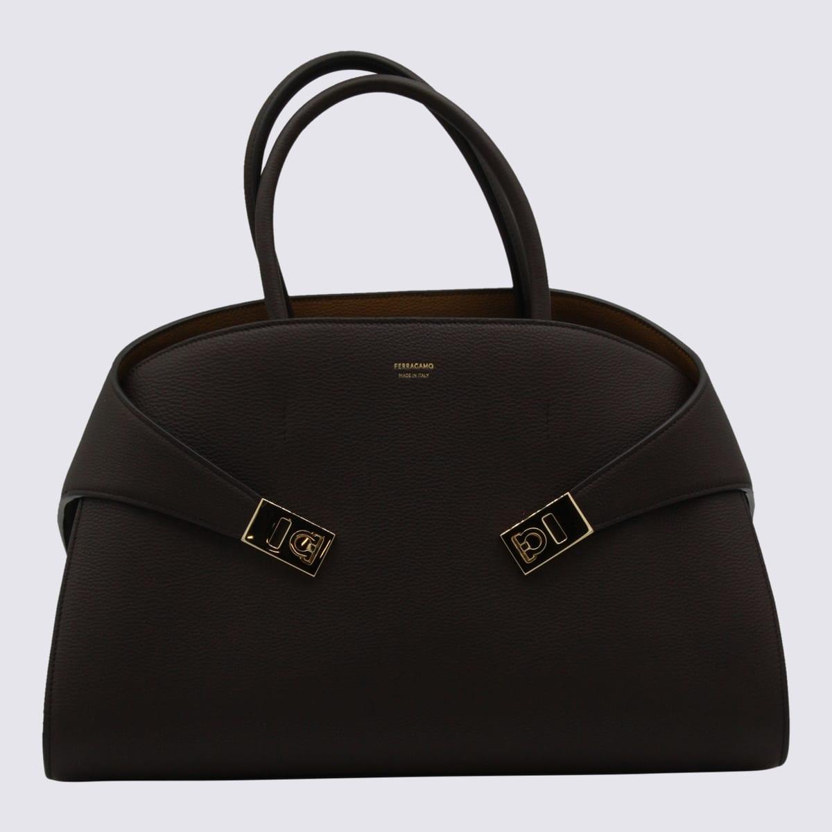 ferragamo dark brown leather hug m top handle bag