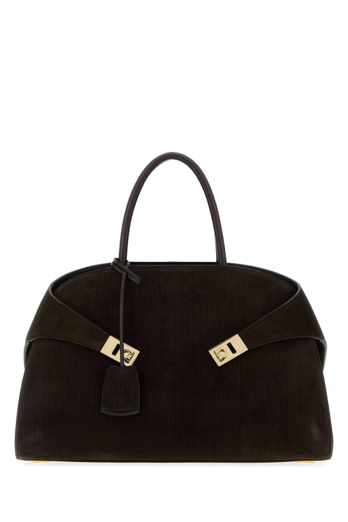 ferragamo dark brown suede medium hug handbag