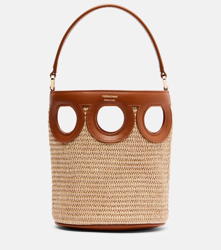 ferragamo gancini small raffia bucket bag