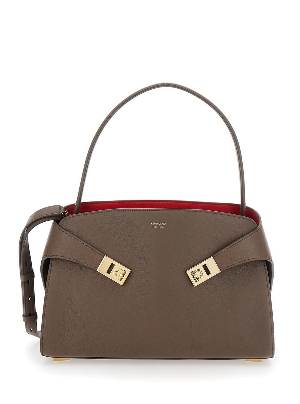 ferragamo hug grey shoulder bag with logo printed on front in leather woman