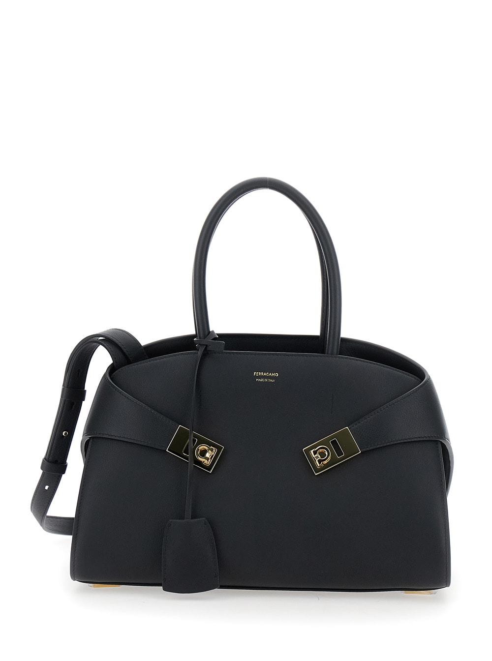 ferragamo hug s black handbag with logo and gancini buckle in leather woman