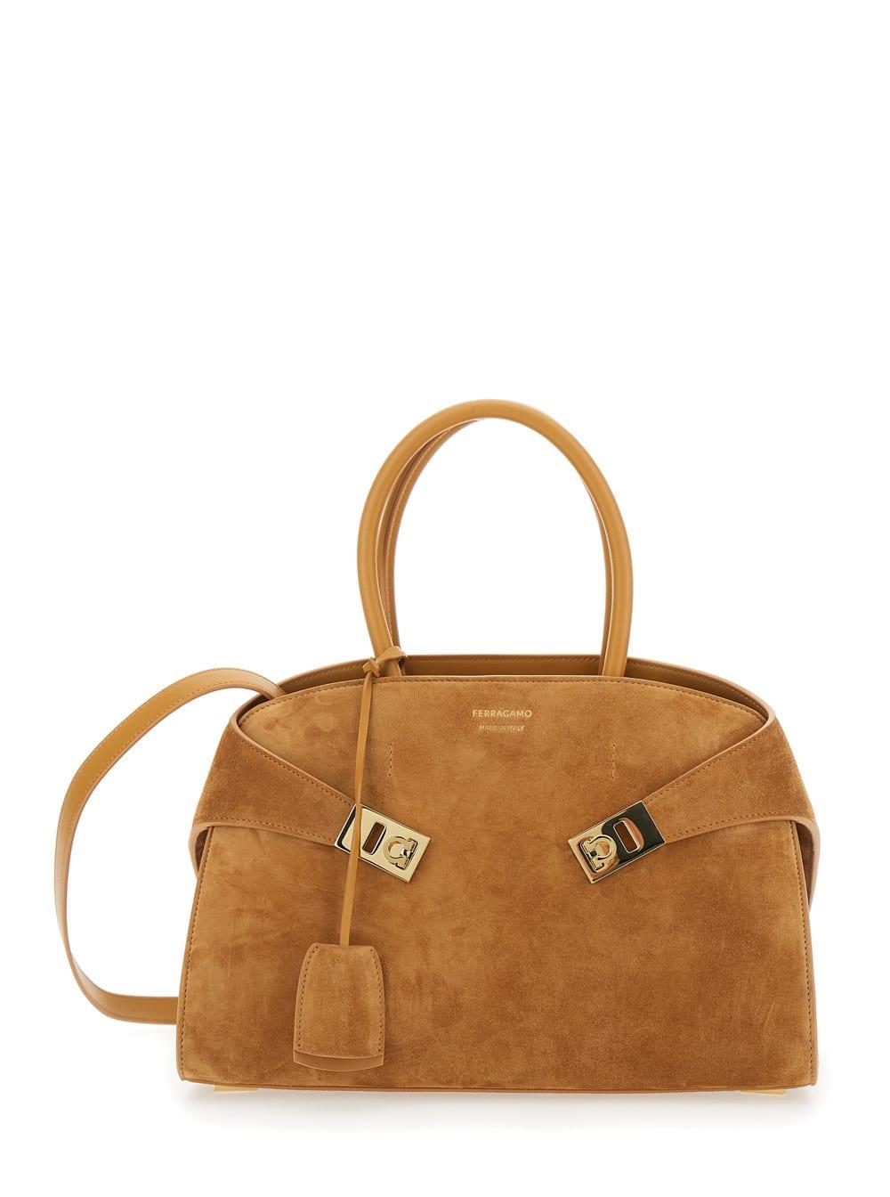 ferragamo hug small beige handbag with logo and gancini buckles on the front in suede woman