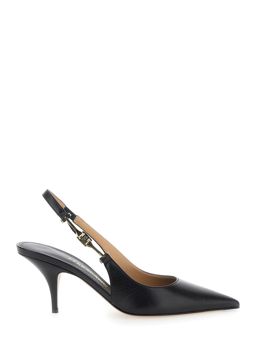 ferragamo tally black slingback pumps with medium stiletto heel in leather woman