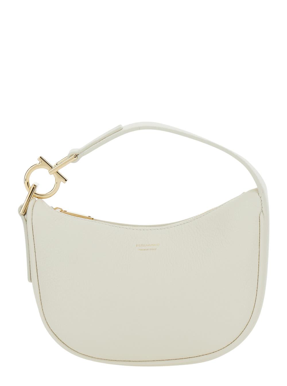 ferragamo white handbag with top handle with gancini and embossed logo lettering on the front in grained leather woman