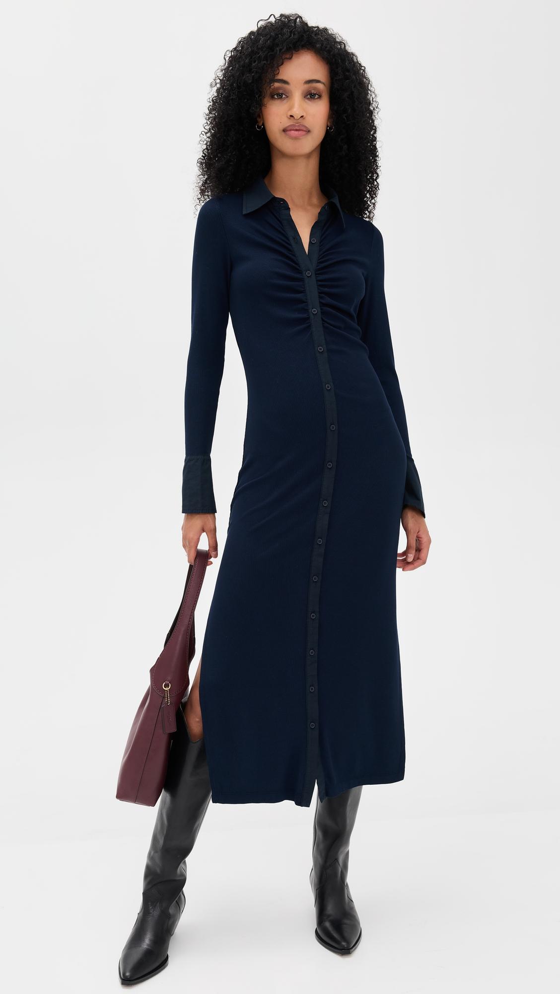 fine rib ruched buttoned dress