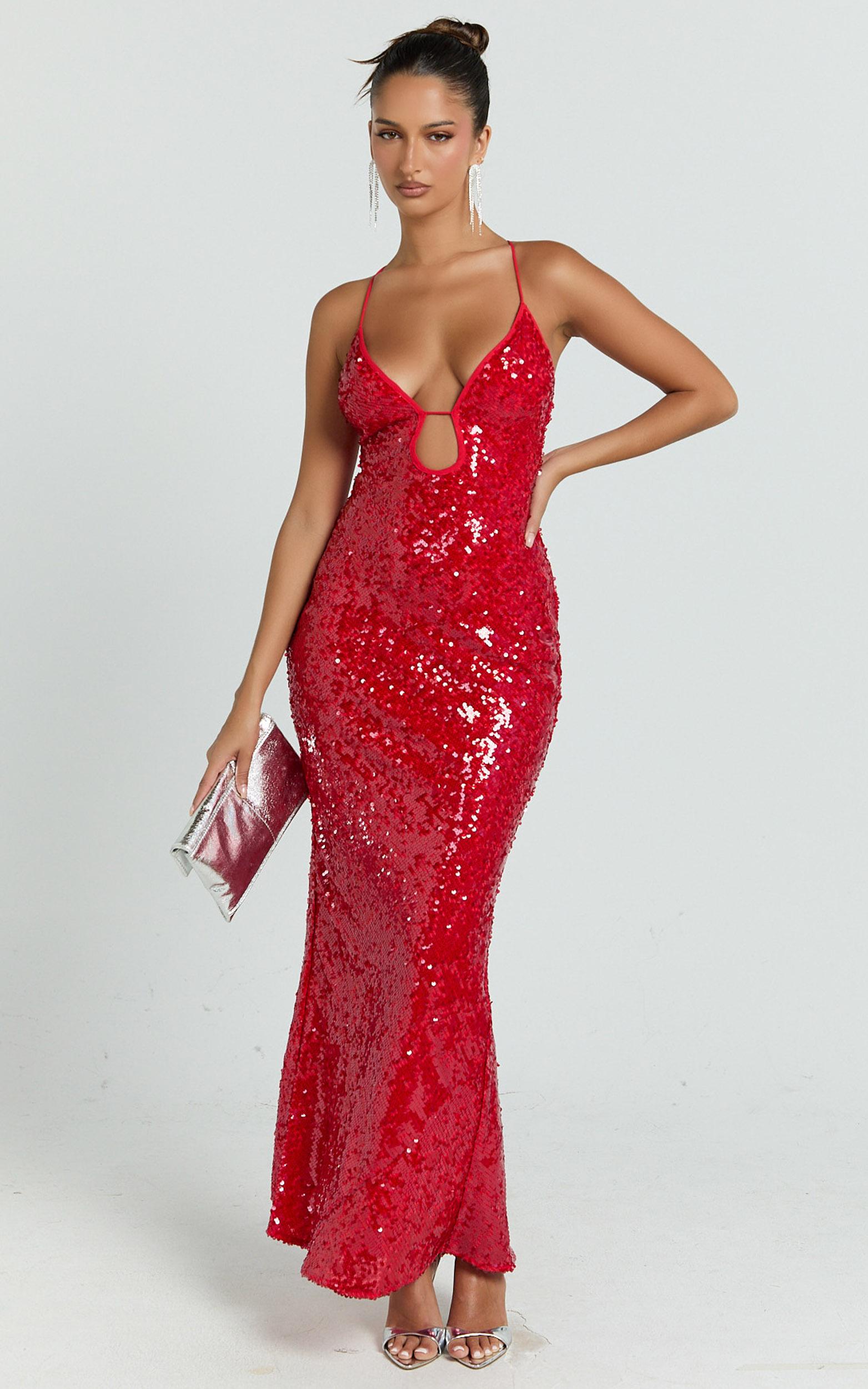 finn maxi dress - plunge neck sheer sequin slip dress in red