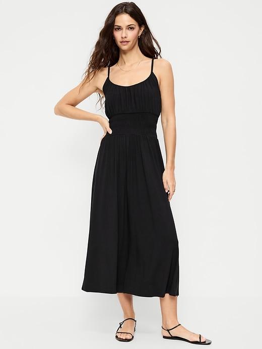 fit & flare jersey smocked-waist midi dress