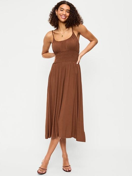 fit & flare jersey smocked-waist midi dress
