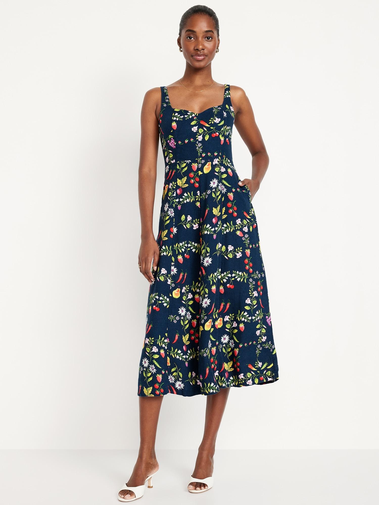 fit & flare sleeveless linen-blend midi dress