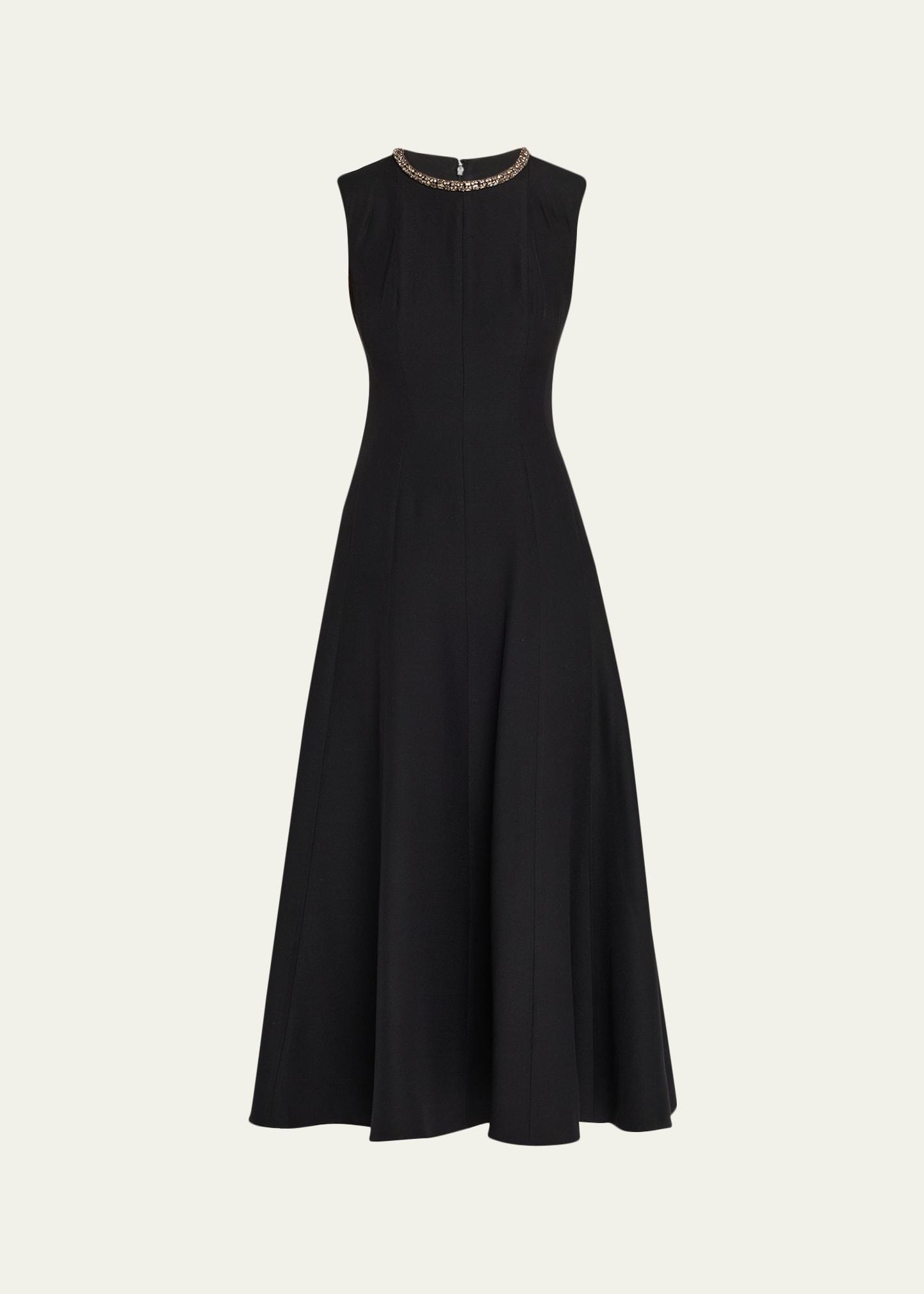 fit-and-flare wool silk dress with diamante neck