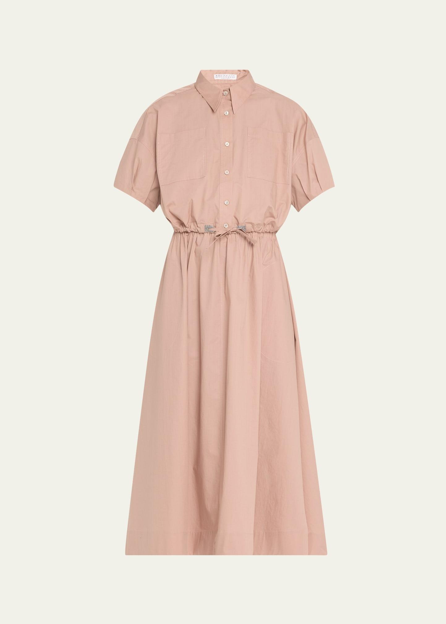 fit-flare drawcord poplin asymmetric midi shirtdress