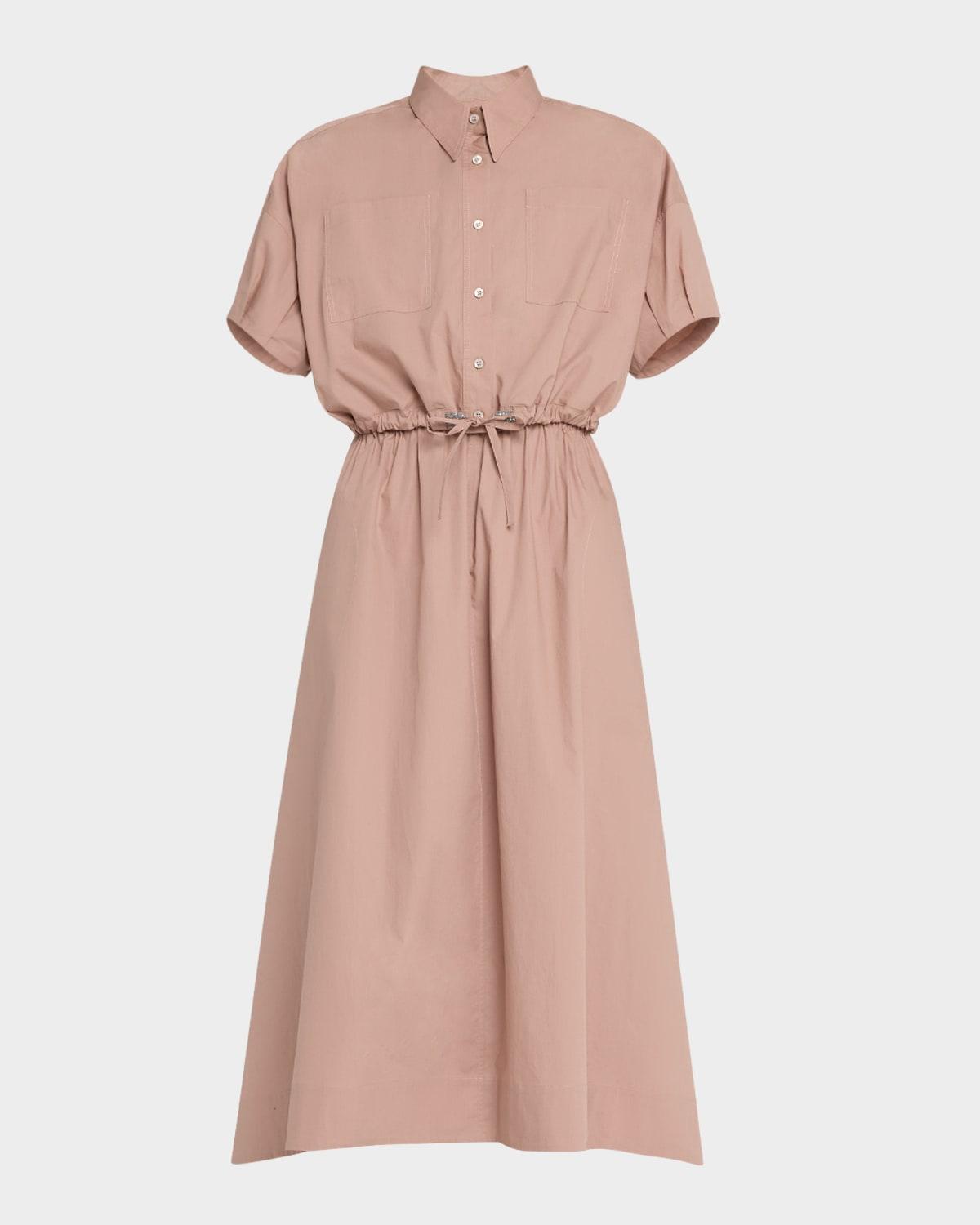 fit-flare drawcord poplin asymmetric midi shirtdress