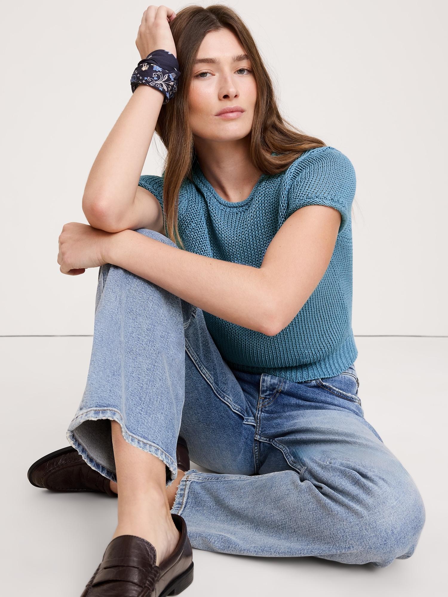 fitted linen short-sleeve sweater