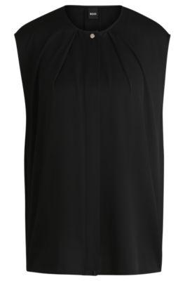 fitted sleeveless blouse in stretch silk with concealed placket- black women's business blouses