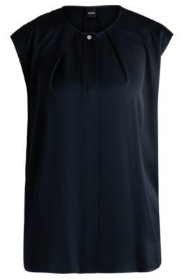fitted sleeveless blouse in stretch silk with concealed placket- dark blue women's business blouses