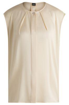 fitted sleeveless blouse in stretch silk with concealed placket- light yellow women's business blouses