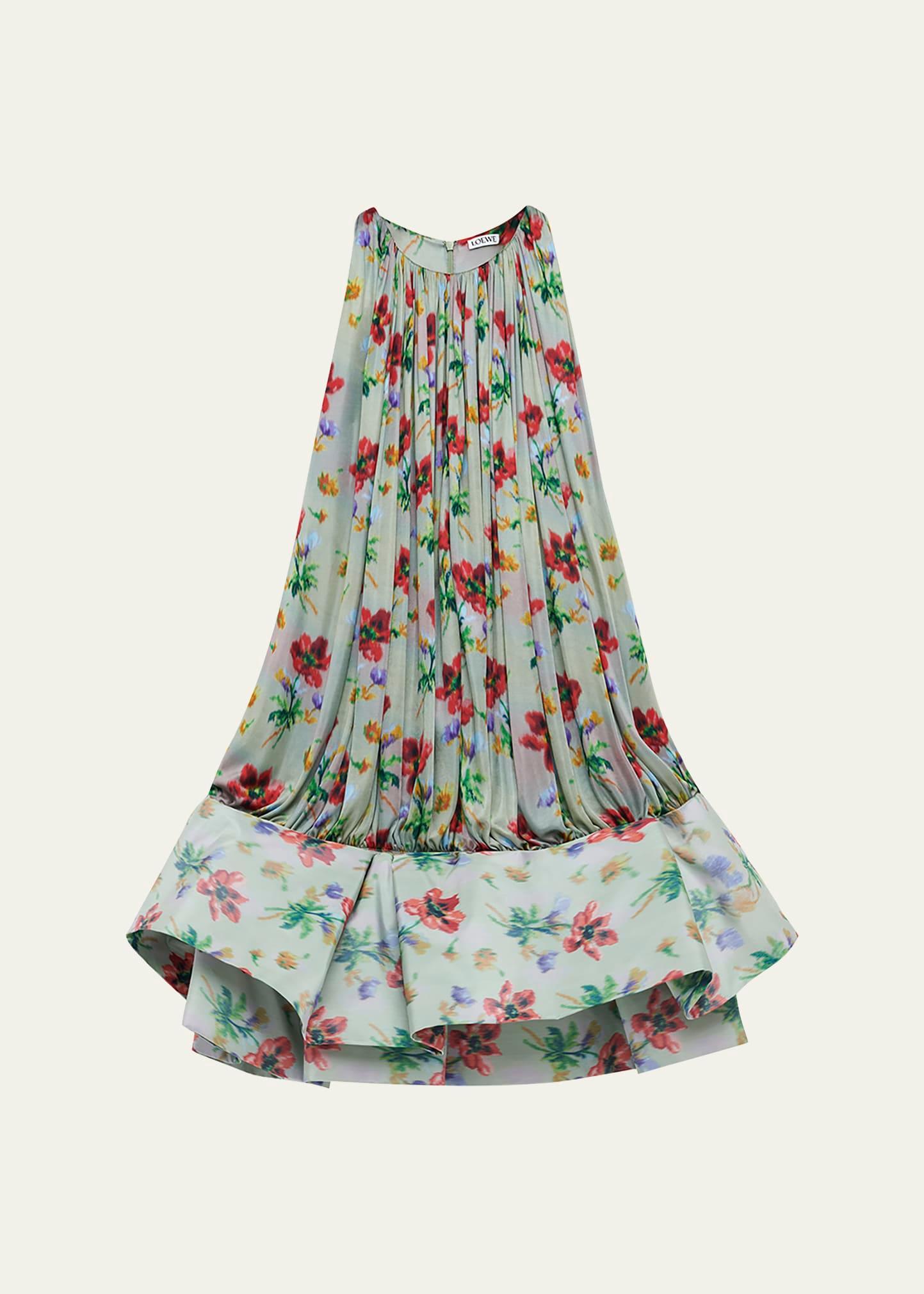 flamenco pleated floral satin drop-waist mini dress