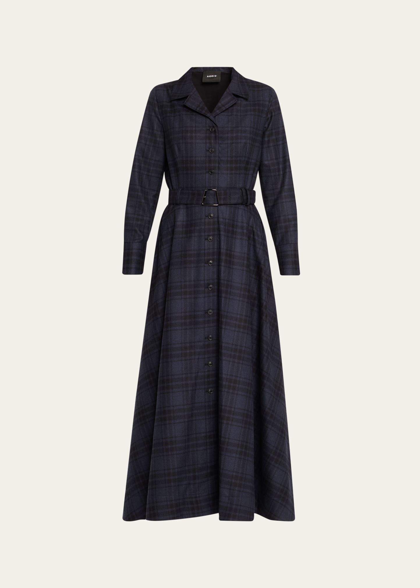 flannel plaid belted long-sleeve maxi shirtdress