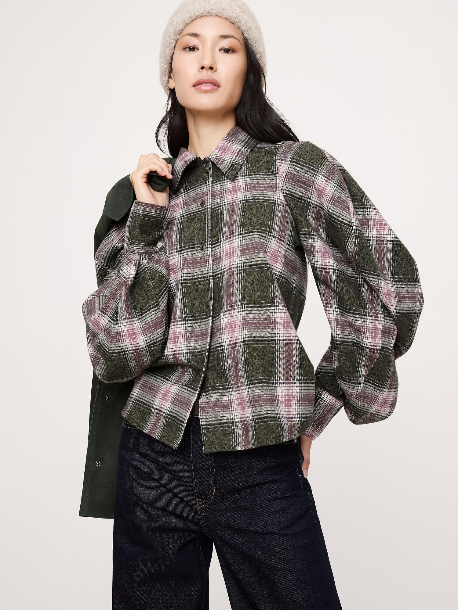 flannel volume-sleeve shirt