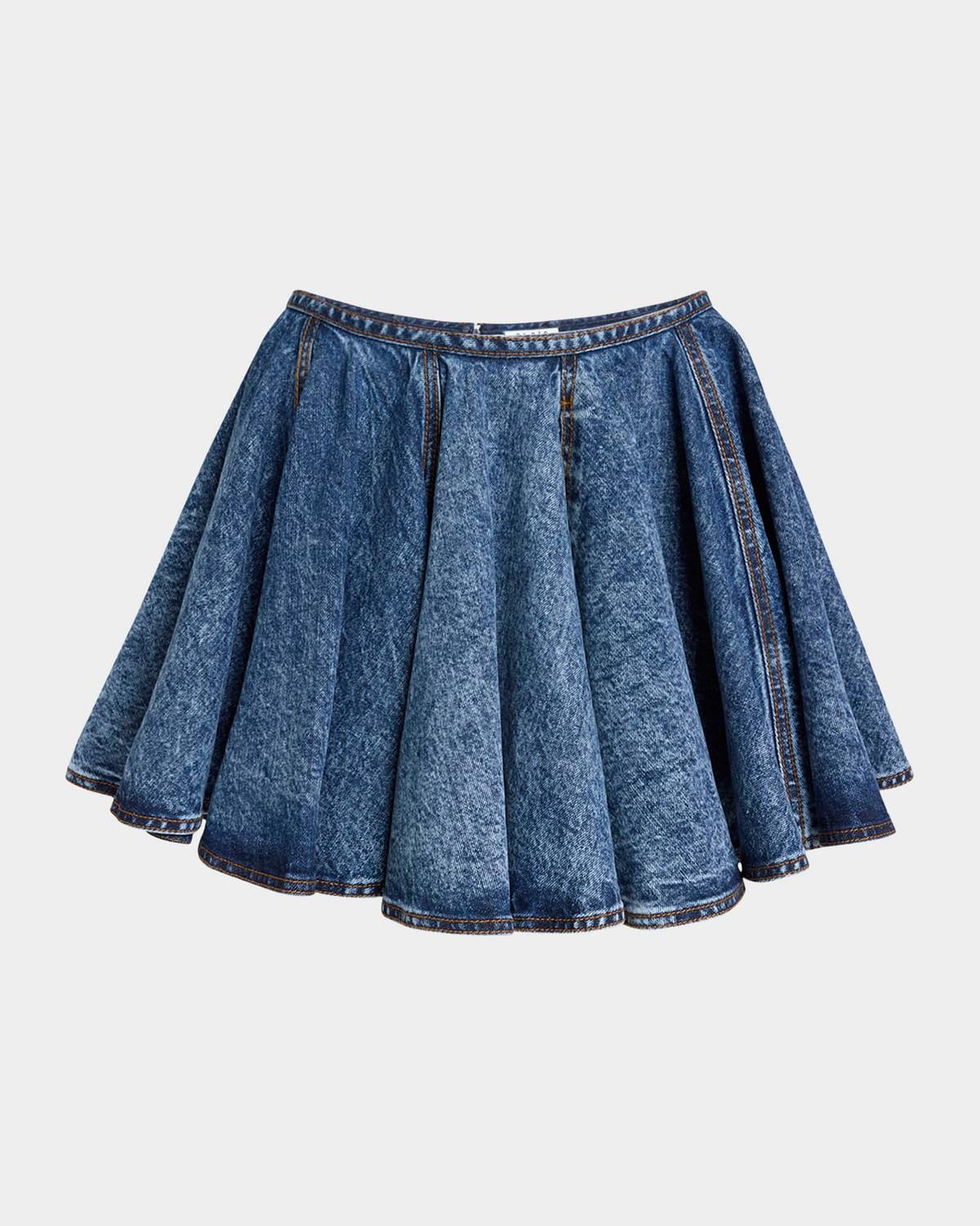 flared denim pleated mini skirt