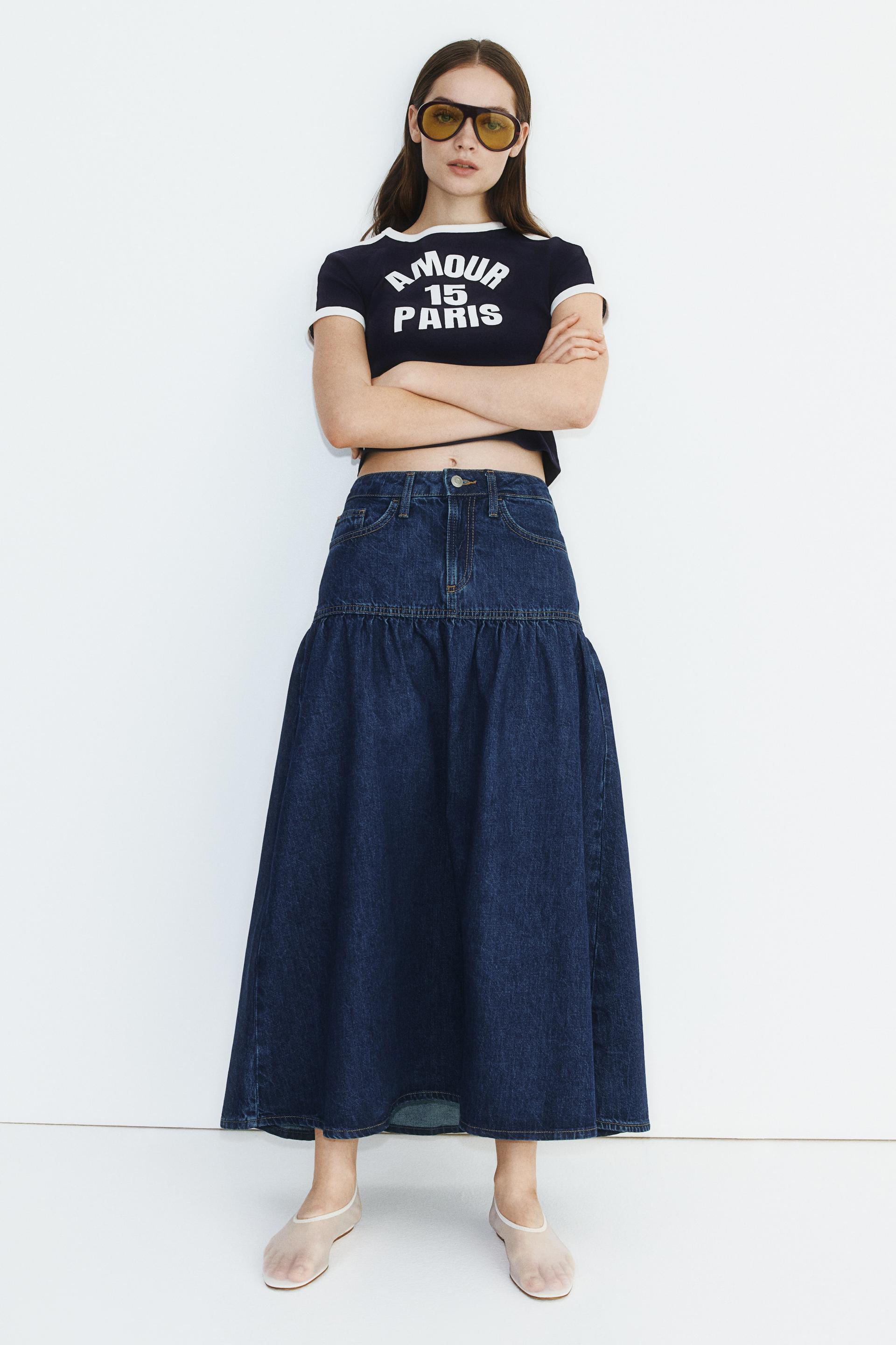 flared-hem denim skirt