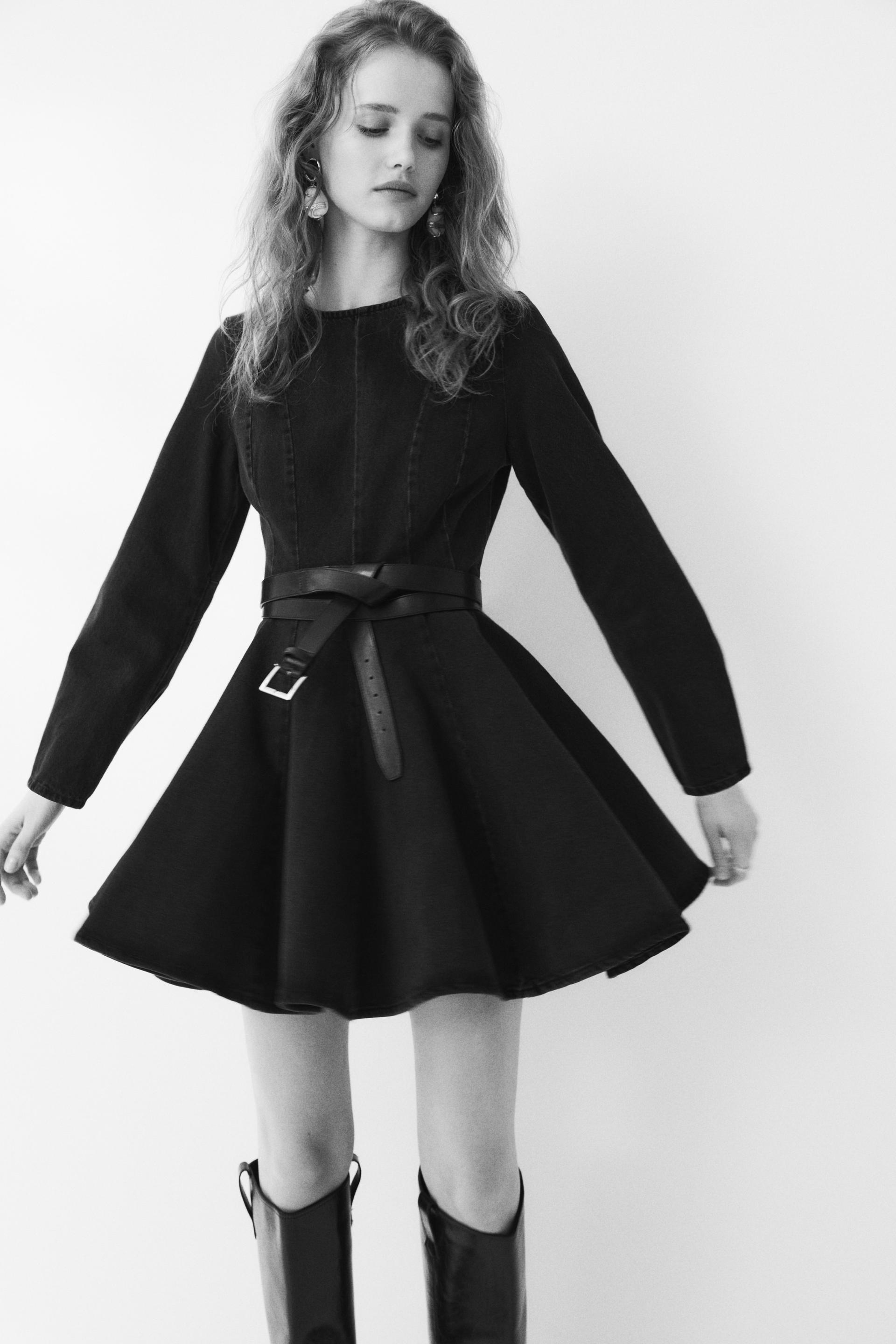 flared-skirt denim dress