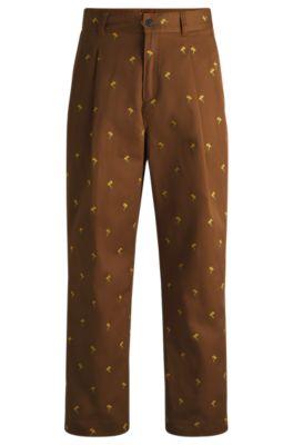 flat-fronted trousers in floral-embroidered twill- brown men's casual pants